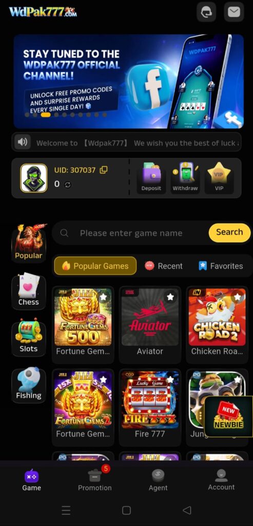 WDPak777 game interface