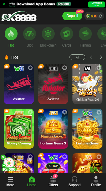 PK8888 Game app interface showing main dashboard and game menu
